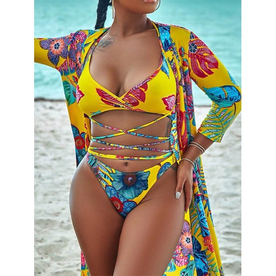 Sexy Floral-Print Split Bikini Swimsuit+Long Sleeve Cover-Ups Three-Piece Set Sexy Floral-Print Split Bikini Swimsuit+Long Sleeve Cover-Ups Three-Piece Set