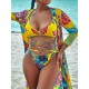Sexy Floral-Print Split Bikini Swimsuit+Long Sleeve Cover-Ups Three-Piece Set Sexy Floral-Print Split Bikini Swimsuit+Long Sleeve Cover-Ups Three-Piece Set