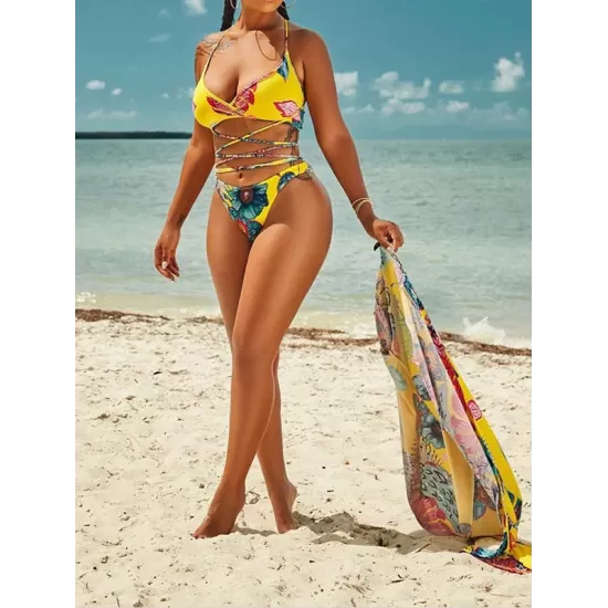 Sexy Floral-Print Split Bikini Swimsuit+Long Sleeve Cover-Ups Three-Piece Set Sexy Floral-Print Split Bikini Swimsuit+Long Sleeve Cover-Ups Three-Piece Set