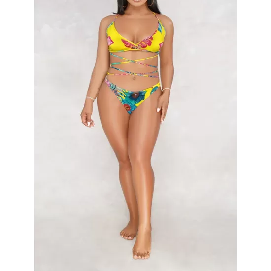 Sexy Floral-Print Split Bikini Swimsuit+Long Sleeve Cover-Ups Three-Piece Set Sexy Floral-Print Split Bikini Swimsuit+Long Sleeve Cover-Ups Three-Piece Set