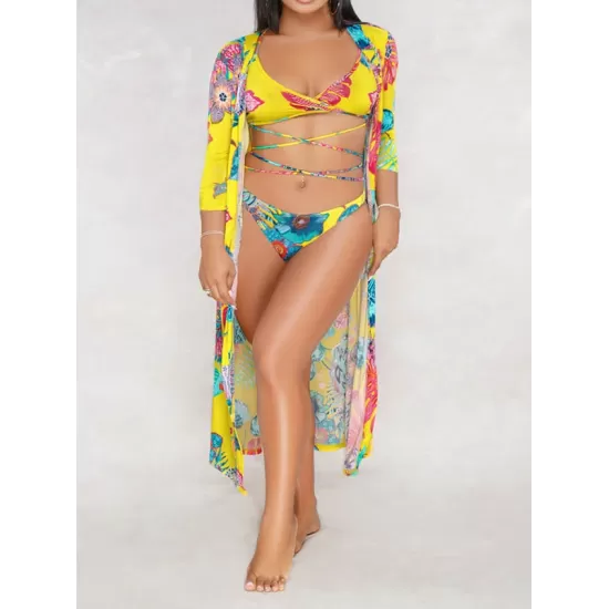 Sexy Floral-Print Split Bikini Swimsuit+Long Sleeve Cover-Ups Three-Piece Set Sexy Floral-Print Split Bikini Swimsuit+Long Sleeve Cover-Ups Three-Piece Set