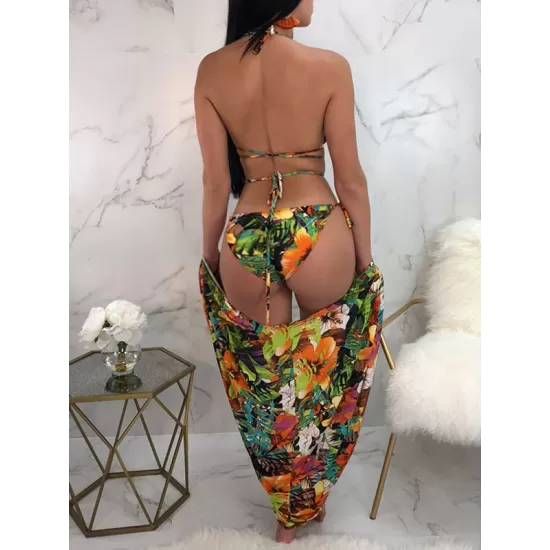 Floral-Print Bandage Triangles Split Bikini Swimsuit+Cover-Ups Tops Floral-Print Bandage Triangles Split Bikini Swimsuit+Cover-Ups Tops