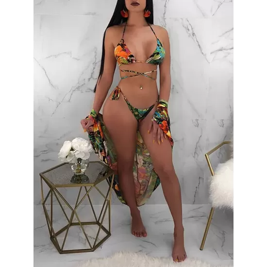 Floral-Print Bandage Triangles Split Bikini Swimsuit+Cover-Ups Tops Floral-Print Bandage Triangles Split Bikini Swimsuit+Cover-Ups Tops