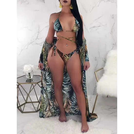 Floral-Print Bandage Triangles Split Bikini Swimsuit+Cover-Ups Tops Floral-Print Bandage Triangles Split Bikini Swimsuit+Cover-Ups Tops