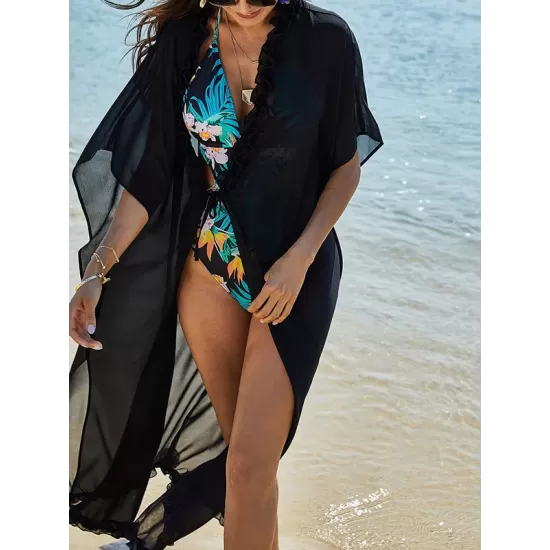 Chiffon Tunicshang Solid Color Bat Sleeves Cover-Ups Tops Chiffon Tunicshang Solid Color Bat Sleeves Cover-Ups Tops