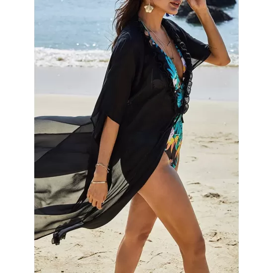 Chiffon Tunicshang Solid Color Bat Sleeves Cover-Ups Tops Chiffon Tunicshang Solid Color Bat Sleeves Cover-Ups Tops