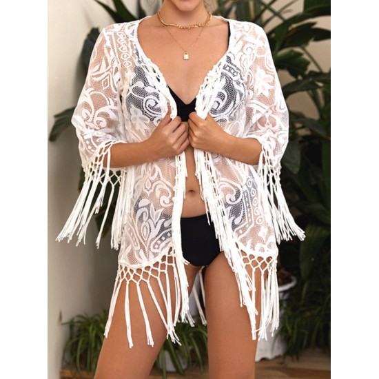 Lace Tasseled Split-Joint 3/4 Sleeve Cover-Ups Tops Lace Tasseled Split-Joint 3/4 Sleeve Cover-Ups Tops