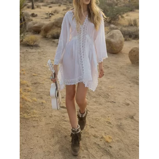 Solid Color Lace Split-Joint Bat Sleeve Bohemia Mini Dress Solid Color Lace Split-Joint Bat Sleeve Bohemia Mini Dress