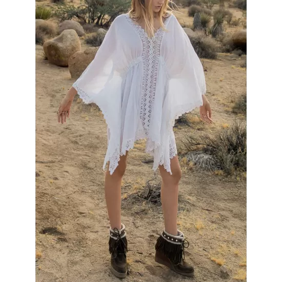 Solid Color Lace Split-Joint Bat Sleeve Bohemia Mini Dress Solid Color Lace Split-Joint Bat Sleeve Bohemia Mini Dress