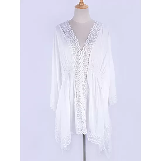 Solid Color Lace Split-Joint Bat Sleeve Bohemia Mini Dress Solid Color Lace Split-Joint Bat Sleeve Bohemia Mini Dress