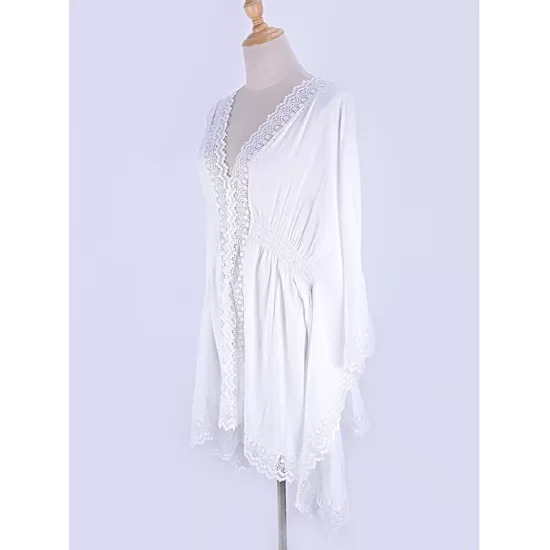 Solid Color Lace Split-Joint Bat Sleeve Bohemia Mini Dress Solid Color Lace Split-Joint Bat Sleeve Bohemia Mini Dress