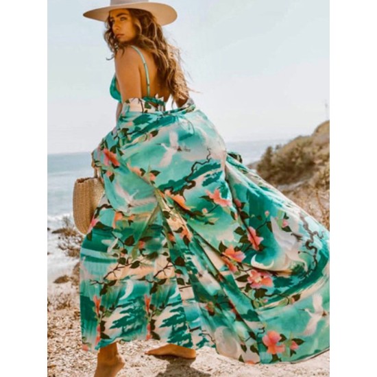 Red-Crowned Crane Printed Lace-Up Cover-Ups Tops Red-Crowned Crane Printed Lace-Up Cover-Ups Tops