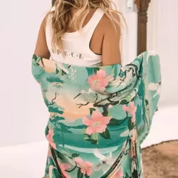 Red-Crowned Crane Printed Lace-Up Cover-Ups Tops