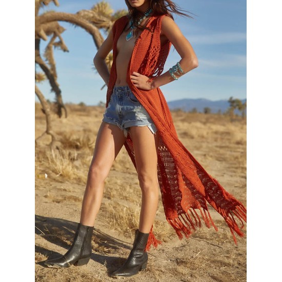 Crochet Tasseled Short Sleeves Cover-Ups Tops Crochet Tasseled Short Sleeves Cover-Ups Tops