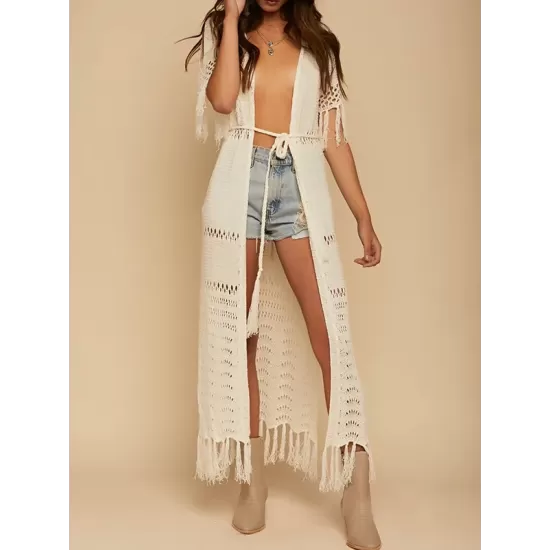 Crochet Tasseled Short Sleeves Cover-Ups Tops Crochet Tasseled Short Sleeves Cover-Ups Tops