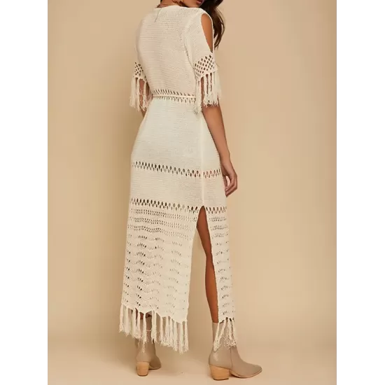 Crochet Tasseled Short Sleeves Cover-Ups Tops Crochet Tasseled Short Sleeves Cover-Ups Tops