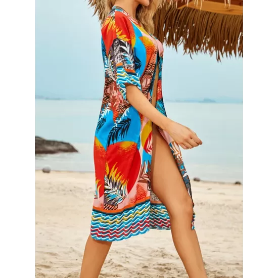Floral-Print Half-Sleeve Cardigan Cover-Up Swimwear Floral-Print Half-Sleeve Cardigan Cover-Up Swimwear