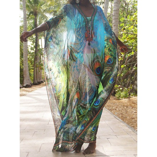 Floral Print Loose V-Neck Beach Dress Cover-Up Swimwear Floral Print Loose V-Neck Beach Dress Cover-Up Swimwear
