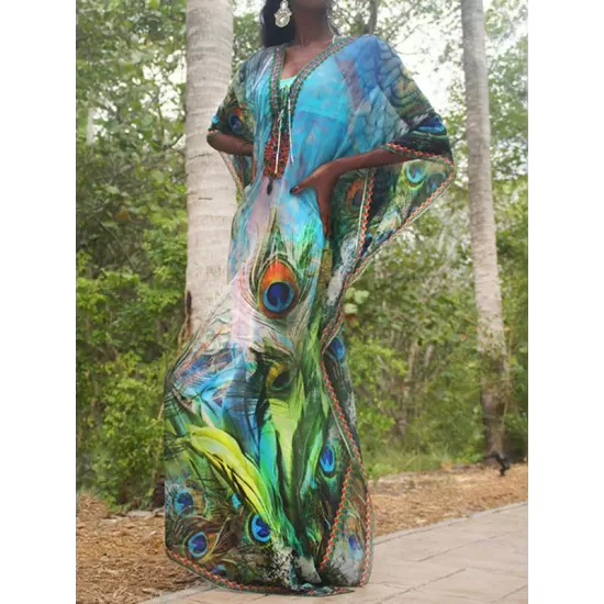 Floral Print Loose V-Neck Beach Dress Cover-Up Swimwear Floral Print Loose V-Neck Beach Dress Cover-Up Swimwear