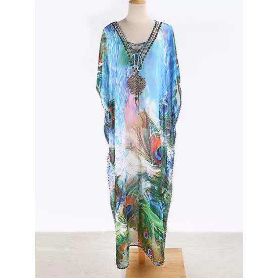 Floral Print Loose V-Neck Beach Dress Cover-Up Swimwear Floral Print Loose V-Neck Beach Dress Cover-Up Swimwear
