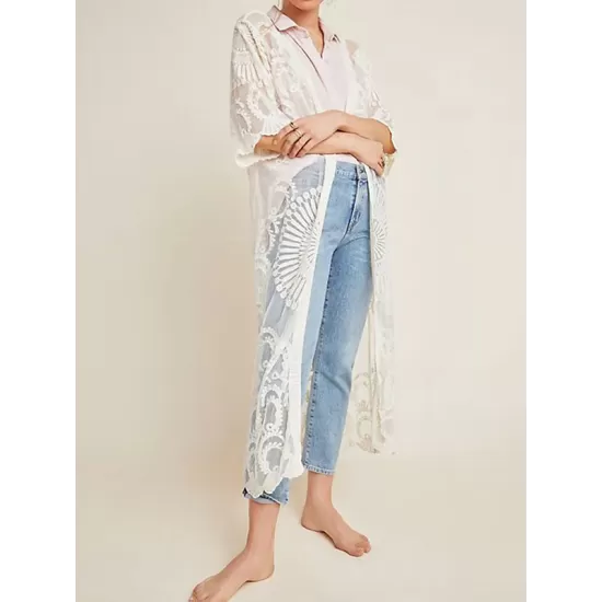 Half-Sleeve Embroidered See-Through Cardigan Cover-Up Swimwear Half-Sleeve Embroidered See-Through Cardigan Cover-Up Swimwear