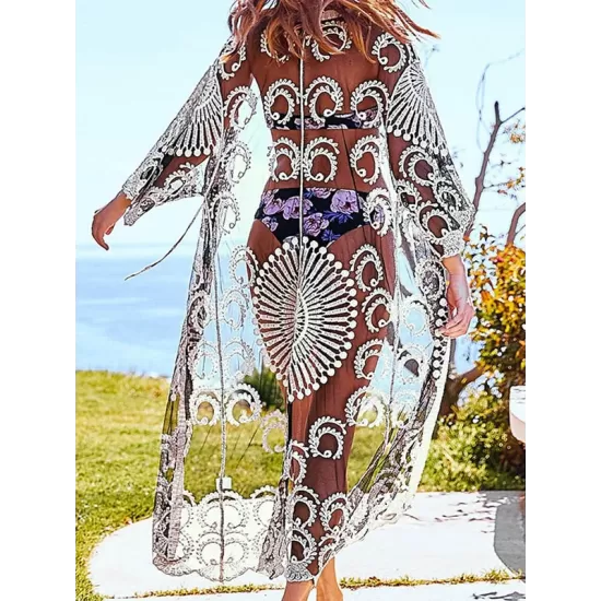 Half-Sleeve Embroidered See-Through Cardigan Cover-Up Swimwear Half-Sleeve Embroidered See-Through Cardigan Cover-Up Swimwear