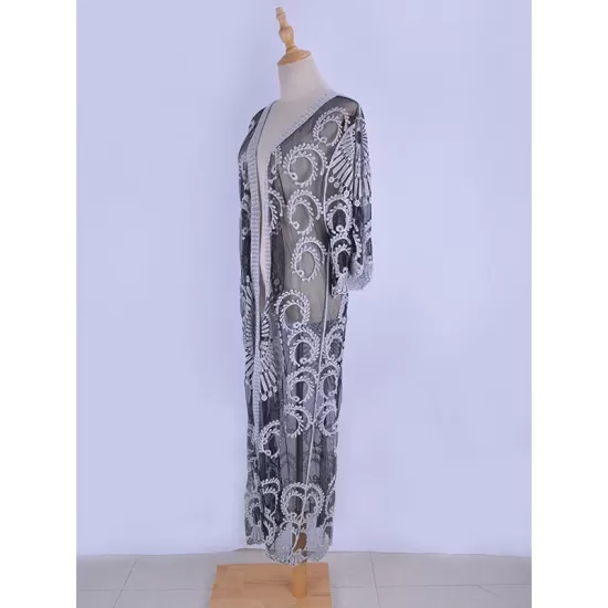 Half-Sleeve Embroidered See-Through Cardigan Cover-Up Swimwear Half-Sleeve Embroidered See-Through Cardigan Cover-Up Swimwear