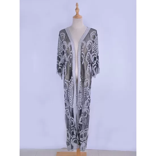 Half-Sleeve Embroidered See-Through Cardigan Cover-Up Swimwear Half-Sleeve Embroidered See-Through Cardigan Cover-Up Swimwear