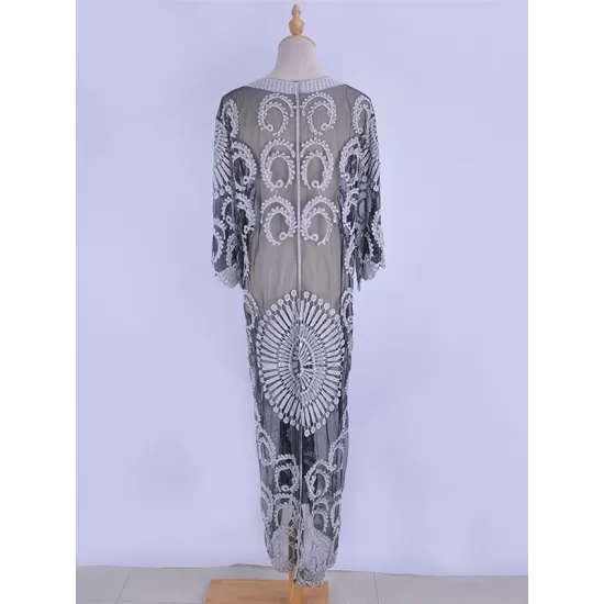 Half-Sleeve Embroidered See-Through Cardigan Cover-Up Swimwear Half-Sleeve Embroidered See-Through Cardigan Cover-Up Swimwear