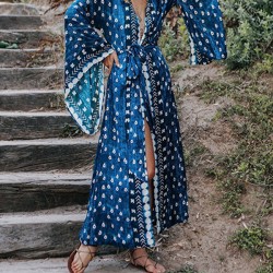 Floral Long Sleeve Cardigan Midi Dresss Cover-Up Swimwear