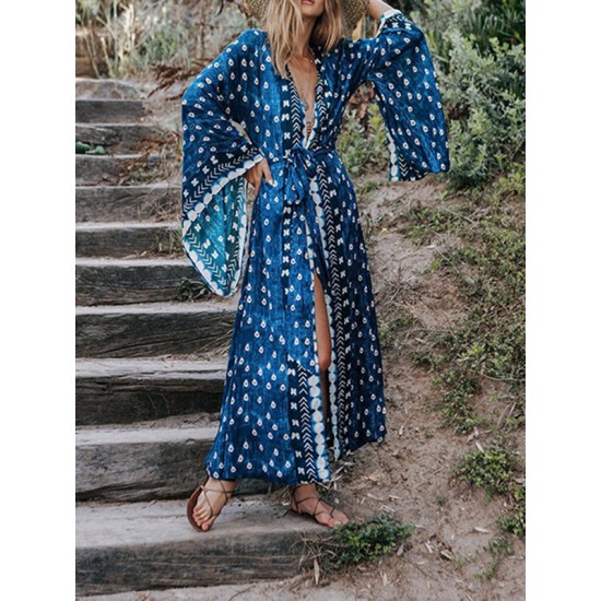 Floral Long Sleeve Cardigan Midi Dresss Cover-Up Swimwear Floral Long Sleeve Cardigan Midi Dresss Cover-Up Swimwear