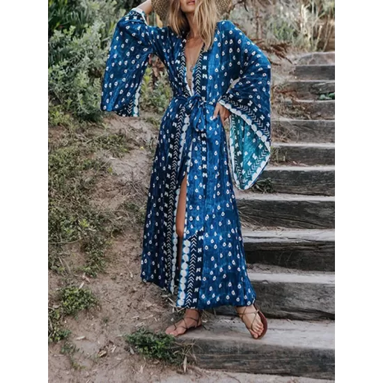 Floral Long Sleeve Cardigan Midi Dresss Cover-Up Swimwear Floral Long Sleeve Cardigan Midi Dresss Cover-Up Swimwear