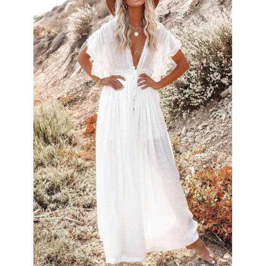 Short Sleeveless V-Back Drawstring Cover-Up Swimwear Short Sleeveless V-Back Drawstring Cover-Up Swimwear