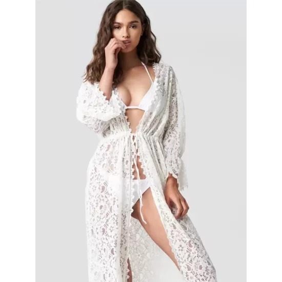 Long Sleeve Lace Split-Joint Lace-Up Vacation Cover-Up Swimwear Long Sleeve Lace Split-Joint Lace-Up Vacation Cover-Up Swimwear