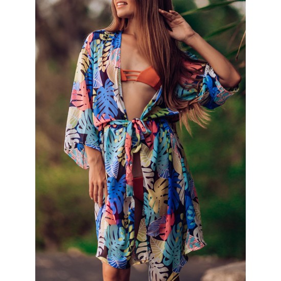 Half-Sleeve Floral Chiffon Cardigan Sash Cover-Up Swimwear Half-Sleeve Floral Chiffon Cardigan Sash Cover-Up Swimwear