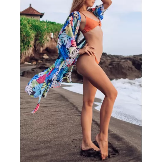 Half-Sleeve Floral Chiffon Cardigan Sash Cover-Up Swimwear Half-Sleeve Floral Chiffon Cardigan Sash Cover-Up Swimwear