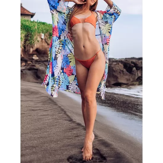 Half-Sleeve Floral Chiffon Cardigan Sash Cover-Up Swimwear Half-Sleeve Floral Chiffon Cardigan Sash Cover-Up Swimwear