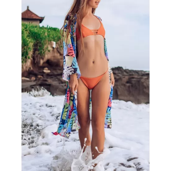 Half-Sleeve Floral Chiffon Cardigan Sash Cover-Up Swimwear Half-Sleeve Floral Chiffon Cardigan Sash Cover-Up Swimwear
