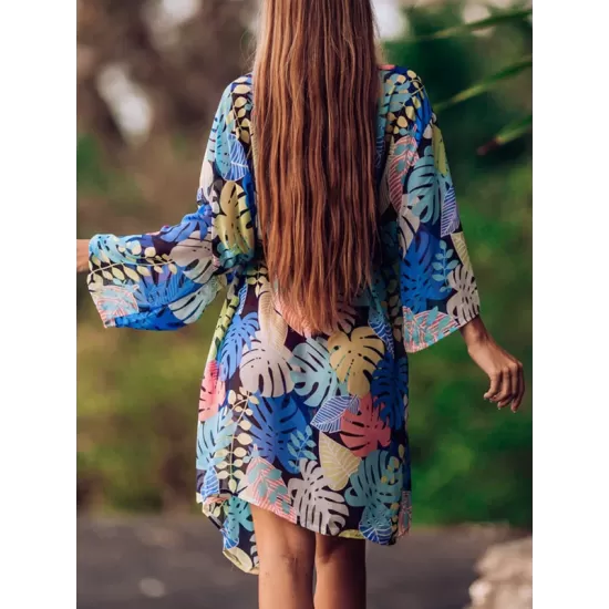 Half-Sleeve Floral Chiffon Cardigan Sash Cover-Up Swimwear Half-Sleeve Floral Chiffon Cardigan Sash Cover-Up Swimwear