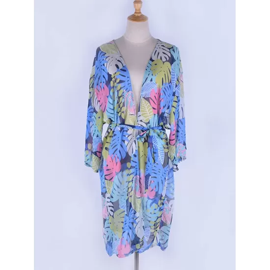 Half-Sleeve Floral Chiffon Cardigan Sash Cover-Up Swimwear Half-Sleeve Floral Chiffon Cardigan Sash Cover-Up Swimwear