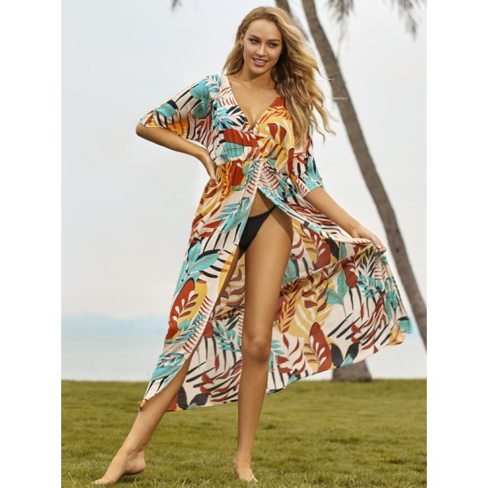 Short Sleeve Floral V-Neck Cardigan Midi Dress Cover-Up Swimwear Short Sleeve Floral V-Neck Cardigan Midi Dress Cover-Up Swimwear