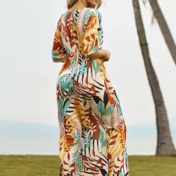 Short Sleeve Floral V-Neck Cardigan Midi Dress Cover-Up Swimwear