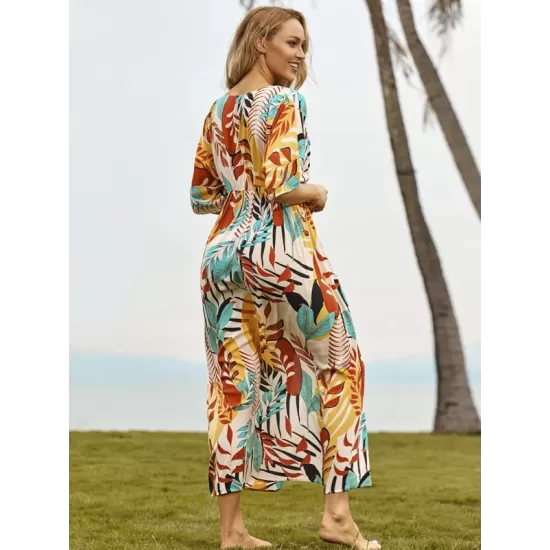 Short Sleeve Floral V-Neck Cardigan Midi Dress Cover-Up Swimwear Short Sleeve Floral V-Neck Cardigan Midi Dress Cover-Up Swimwear