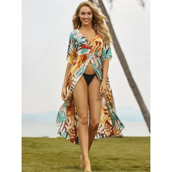 Short Sleeve Floral V-Neck Cardigan Midi Dress Cover-Up Swimwear Short Sleeve Floral V-Neck Cardigan Midi Dress Cover-Up Swimwear