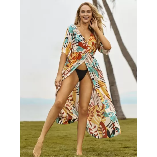 Short Sleeve Floral V-Neck Cardigan Midi Dress Cover-Up Swimwear Short Sleeve Floral V-Neck Cardigan Midi Dress Cover-Up Swimwear