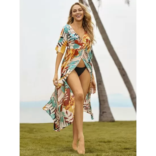 Short Sleeve Floral V-Neck Cardigan Midi Dress Cover-Up Swimwear Short Sleeve Floral V-Neck Cardigan Midi Dress Cover-Up Swimwear