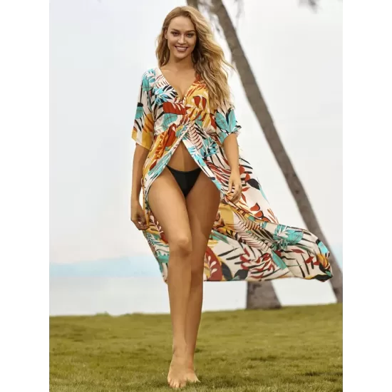 Short Sleeve Floral V-Neck Cardigan Midi Dress Cover-Up Swimwear Short Sleeve Floral V-Neck Cardigan Midi Dress Cover-Up Swimwear