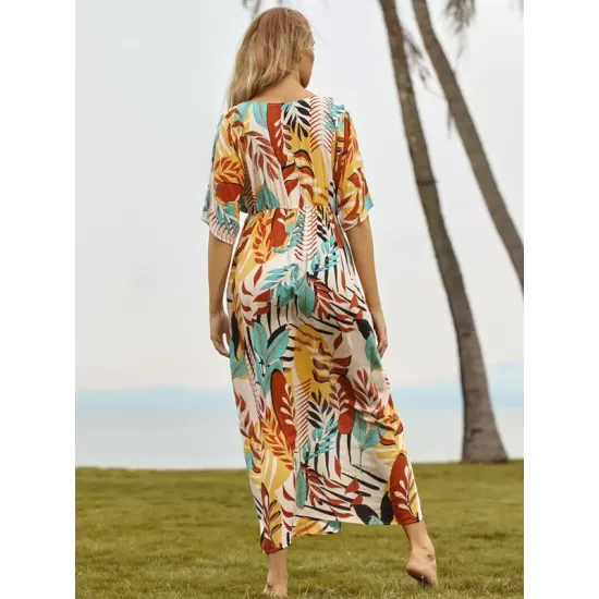 Short Sleeve Floral V-Neck Cardigan Midi Dress Cover-Up Swimwear Short Sleeve Floral V-Neck Cardigan Midi Dress Cover-Up Swimwear