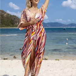 Chiffon Short Sleeve V-Neck Drawstring Cover-Up Swimwear