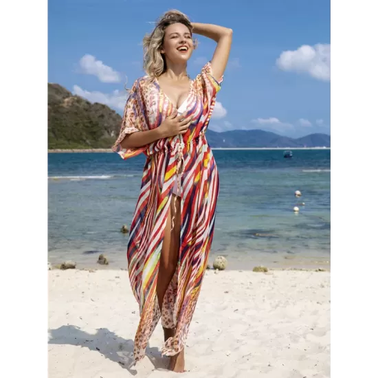 Chiffon Short Sleeve V-Neck Drawstring Cover-Up Swimwear Chiffon Short Sleeve V-Neck Drawstring Cover-Up Swimwear